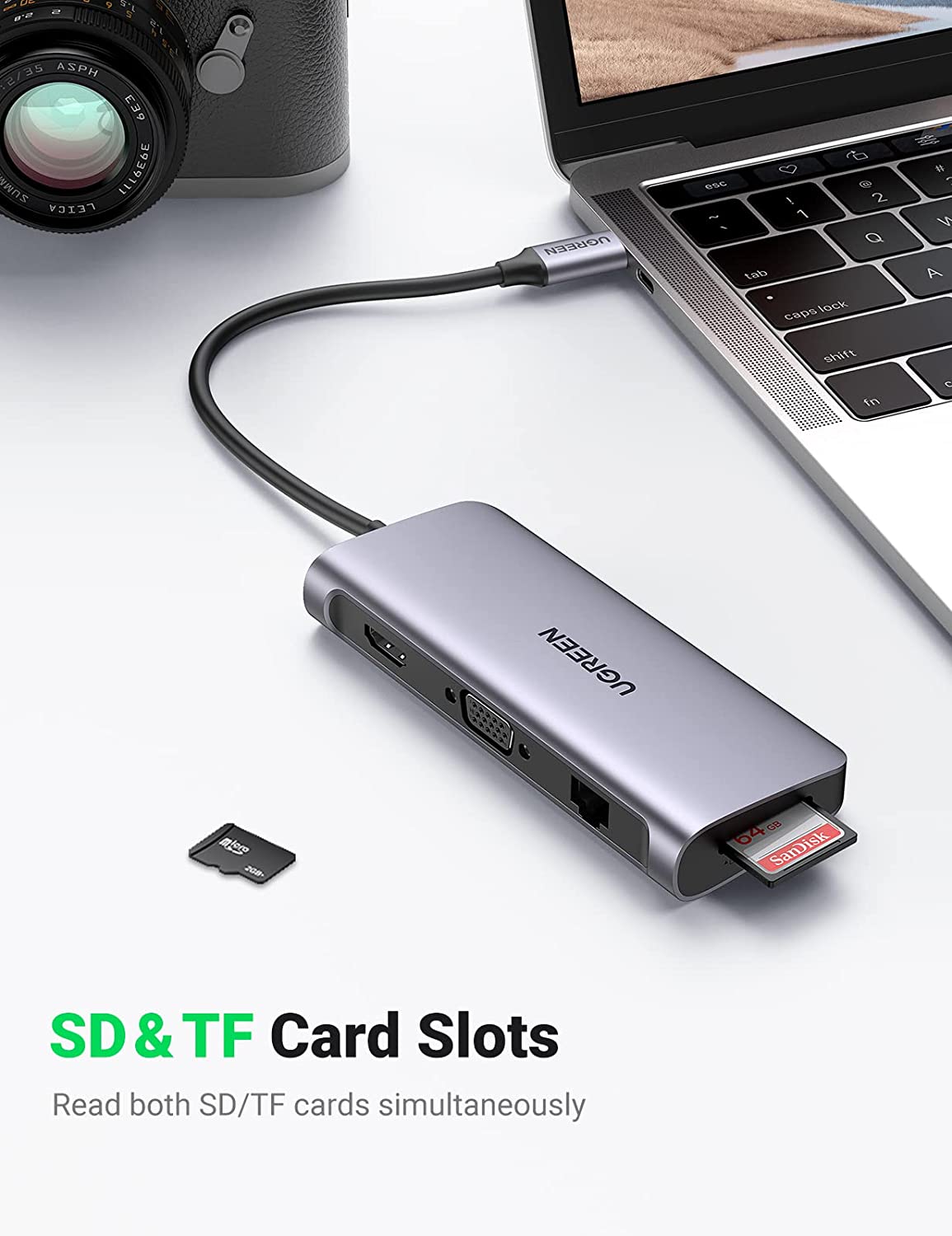 UGreen USB C Hub, 10-in-1 USB-C Docking Station, 4K HDMI& VGA Dual Monitor, 1Gbps Ethernet, 100W PD, 3 USB 3.0 Ports, 3.5mm Audio Jack, SD/TF Card Reader Multiport Adapter for MacBook and Type C Windows Laptops (Open Box) - Hatke
