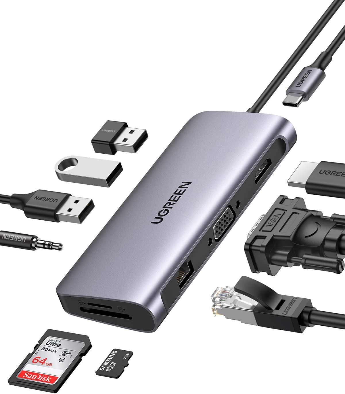 UGreen USB C Hub, 10-in-1 USB-C Docking Station, 4K HDMI& VGA Dual Monitor, 1Gbps Ethernet, 100W PD, 3 USB 3.0 Ports, 3.5mm Audio Jack, SD/TF Card Reader Multiport Adapter for MacBook and Type C Windows Laptops (Open Box) - Hatke