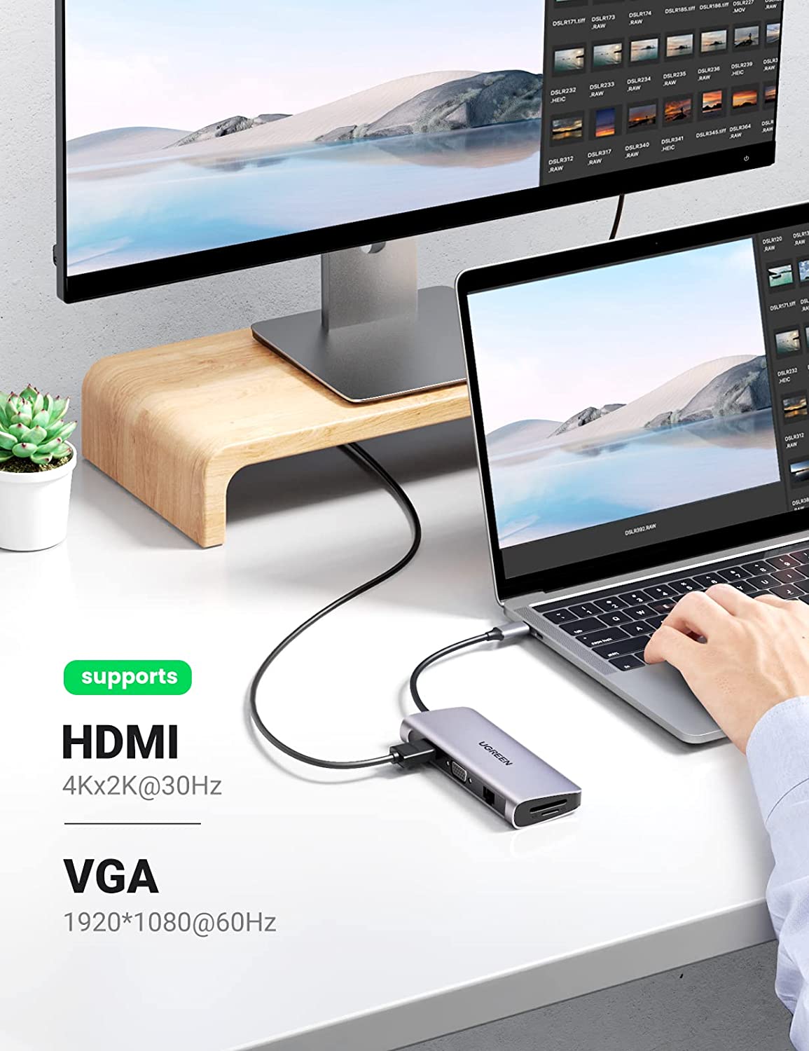 UGreen USB C Hub, 10-in-1 USB-C Docking Station, 4K HDMI& VGA Dual Monitor, 1Gbps Ethernet, 100W PD, 3 USB 3.0 Ports, 3.5mm Audio Jack, SD/TF Card Reader Multiport Adapter for MacBook and Type C Windows Laptops (Open Box) - Hatke
