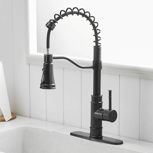 OWOFAN Kitchen Faucets with Pull Down Sprayer Solid Brass Matte Black Industrial Single Handle One Hole Or 3 Hole Faucet for Farmhouse Camper Laundry Utility RV Wet Bar Sinks