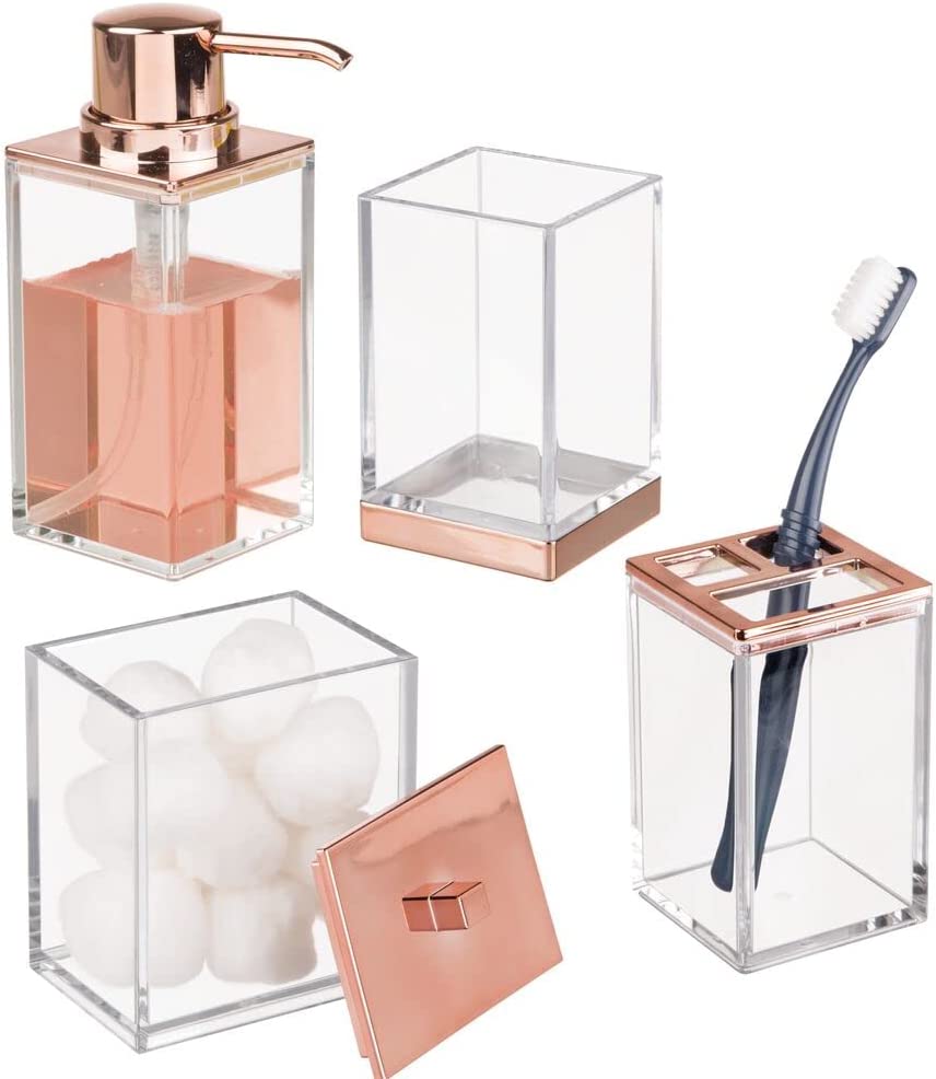 mDesign Plastic Bathroom Vanity Countertop Accessory Set - Includes,Soap Dispenser, Toothbrush Holder, Lidded Canister, and Tumbler Rinsing Cup; Lumiere Collection - Set of 4 - Clear/Rose Gold - Hatke
