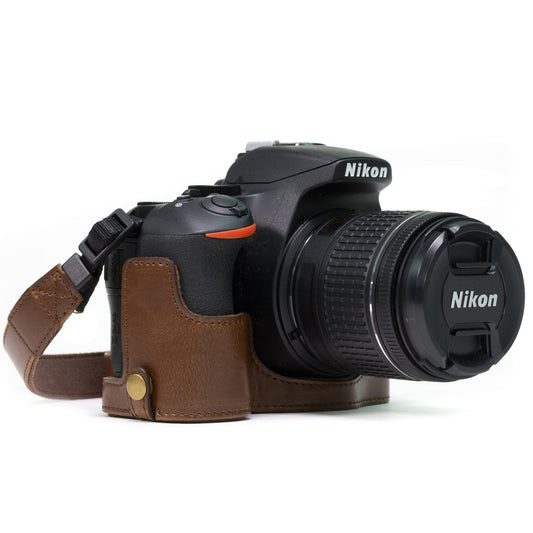 MegaGear Nikon D5600, D5500 Ever Ready Leather Camera Half Case and Strap, with Battery Access - Dark Brown - MG1171