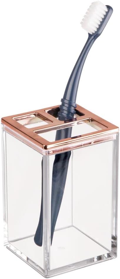 mDesign Plastic Bathroom Vanity Countertop Accessory Set - Includes,Soap Dispenser, Toothbrush Holder, Lidded Canister, and Tumbler Rinsing Cup; Lumiere Collection - Set of 4 - Clear/Rose Gold - Hatke