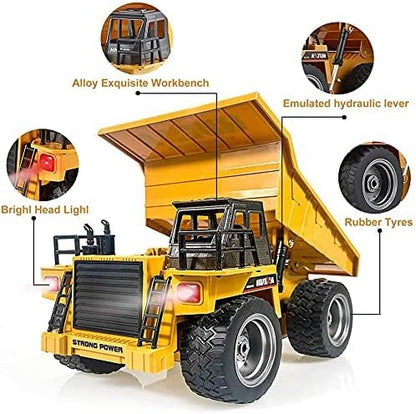 Remote Control Construction Dump Truck Toy 2.4G RC 6 Channel Bulldozer 4 Wheel Driver Mine Construction Alloy Metal Vehicle Truck 1:18 with 2 Rechargeable Batteries