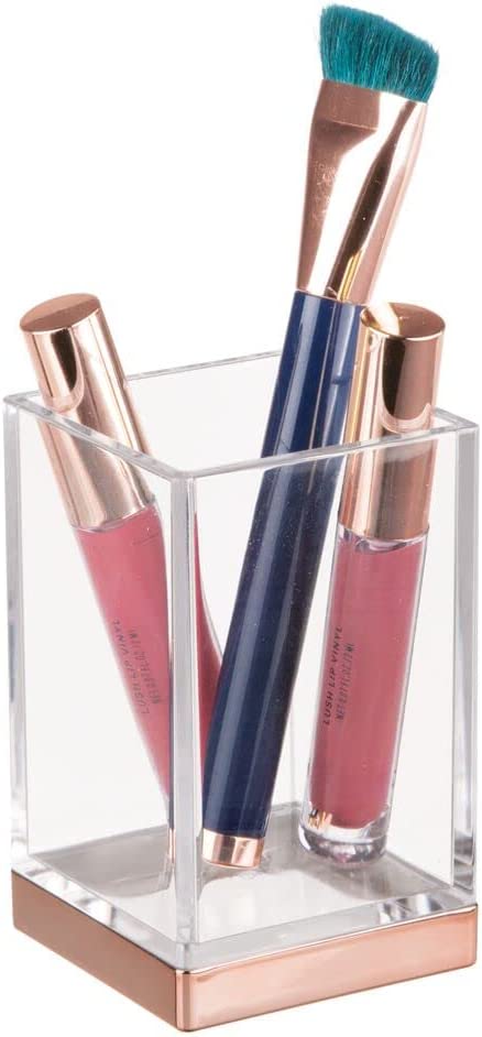 mDesign Plastic Bathroom Vanity Countertop Accessory Set - Includes,Soap Dispenser, Toothbrush Holder, Lidded Canister, and Tumbler Rinsing Cup; Lumiere Collection - Set of 4 - Clear/Rose Gold - Hatke