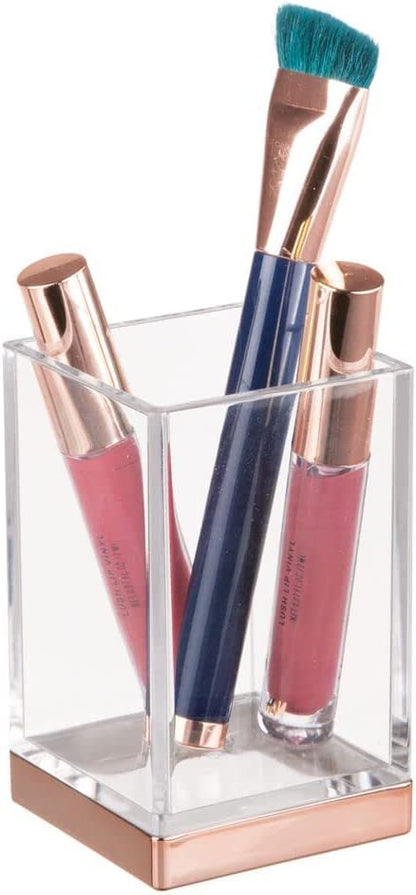 mDesign Plastic Bathroom Vanity Countertop Accessory Set - Includes,Soap Dispenser, Toothbrush Holder, Lidded Canister, and Tumbler Rinsing Cup; Lumiere Collection - Set of 4 - Clear/Rose Gold - Hatke
