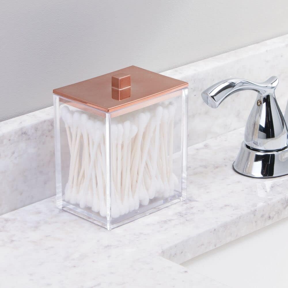mDesign Plastic Bathroom Vanity Countertop Accessory Set - Includes,Soap Dispenser, Toothbrush Holder, Lidded Canister, and Tumbler Rinsing Cup; Lumiere Collection - Set of 4 - Clear/Rose Gold - Hatke