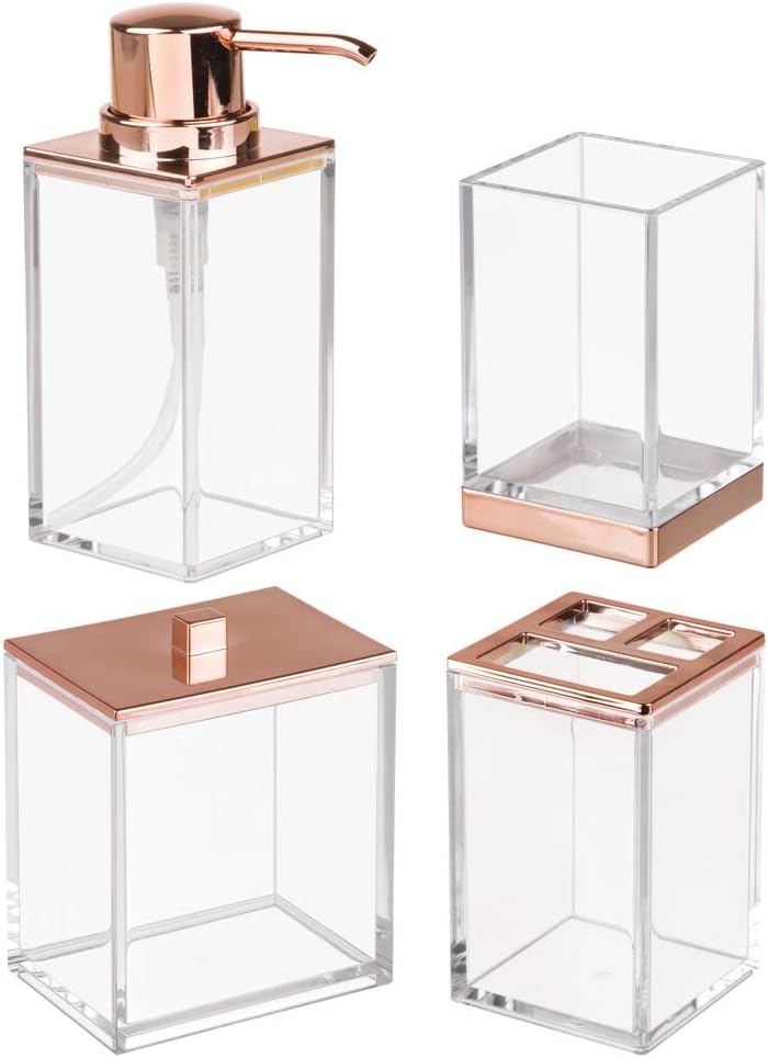 mDesign Plastic Bathroom Vanity Countertop Accessory Set - Includes,Soap Dispenser, Toothbrush Holder, Lidded Canister, and Tumbler Rinsing Cup; Lumiere Collection - Set of 4 - Clear/Rose Gold - Hatke