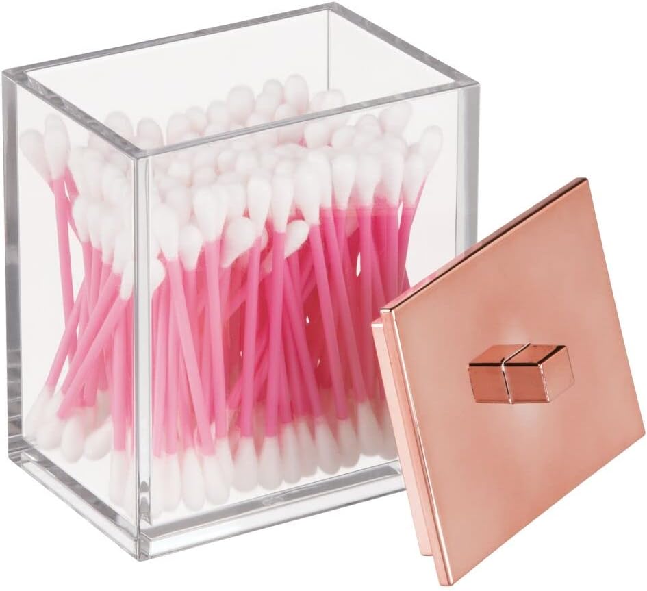 mDesign Plastic Bathroom Vanity Countertop Accessory Set - Includes,Soap Dispenser, Toothbrush Holder, Lidded Canister, and Tumbler Rinsing Cup; Lumiere Collection - Set of 4 - Clear/Rose Gold - Hatke