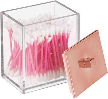 mDesign Plastic Bathroom Vanity Countertop Accessory Set - Includes,Soap Dispenser, Toothbrush Holder, Lidded Canister, and Tumbler Rinsing Cup; Lumiere Collection - Set of 4 - Clear/Rose Gold - Hatke