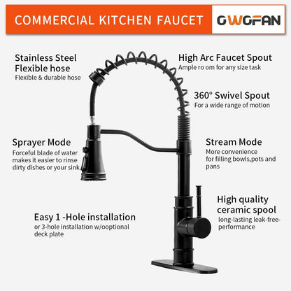 OWOFAN Kitchen Faucets with Pull Down Sprayer Solid Brass Matte Black Industrial Single Handle One Hole Or 3 Hole Faucet for Farmhouse Camper Laundry Utility RV Wet Bar Sinks