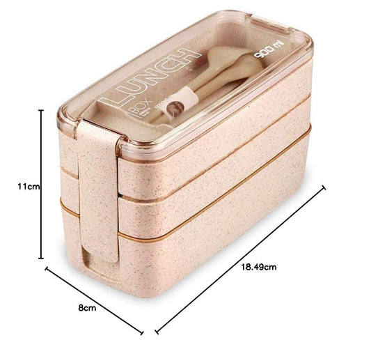 Lunch Box Bento Stackable 3-in-1 Compartment - Wheat Straw, Leakproof Eco-Friendly 900 ML