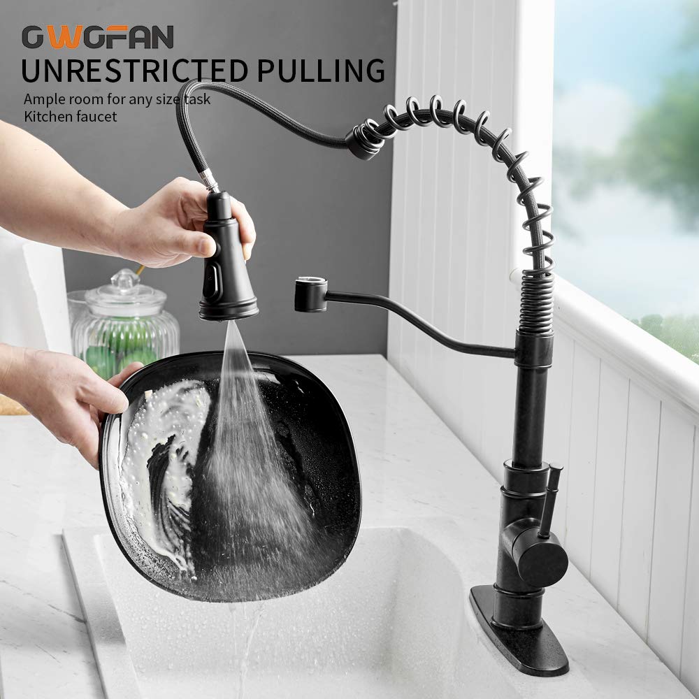 OWOFAN Kitchen Faucets with Pull Down Sprayer Solid Brass Matte Black Industrial Single Handle One Hole Or 3 Hole Faucet for Farmhouse Camper Laundry Utility RV Wet Bar Sinks