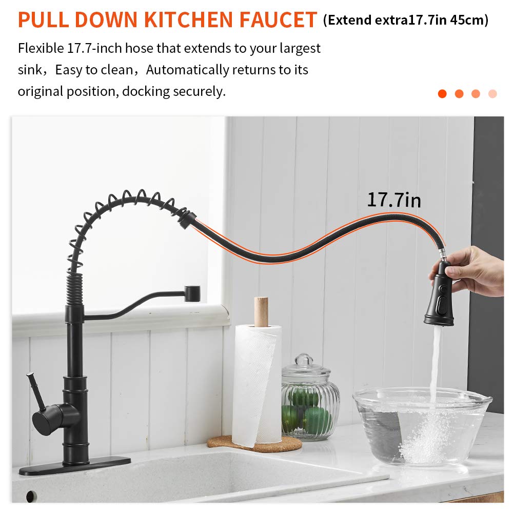 OWOFAN Kitchen Faucets with Pull Down Sprayer Solid Brass Matte Black Industrial Single Handle One Hole Or 3 Hole Faucet for Farmhouse Camper Laundry Utility RV Wet Bar Sinks