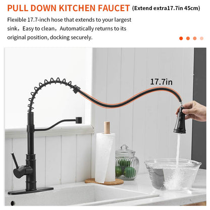 OWOFAN Kitchen Faucets with Pull Down Sprayer Solid Brass Matte Black Industrial Single Handle One Hole Or 3 Hole Faucet for Farmhouse Camper Laundry Utility RV Wet Bar Sinks