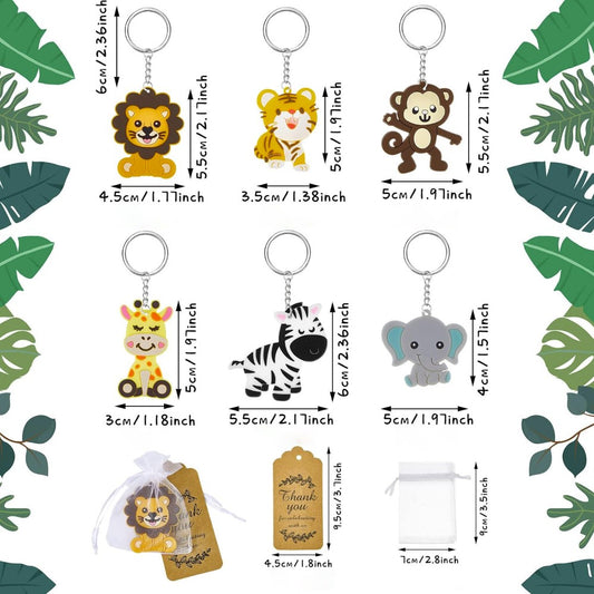 6 Sets/ 18 Pieces Cute Jungle Mix Animal Keychains Safari Baby Shower Decorations Zoo Animals Decoration with Thanks Tags and Organizer Bags for Boy Girl Birthday Favor - Hatke