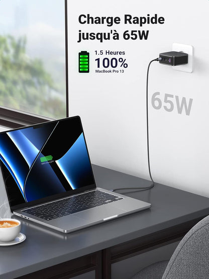 Ugreen 65W 4-Port 3CIA (EU) PD GAN Wall Charger For Macbook Pro Air, Ipad, Iphone 12 Pro 11 Pro Max Xr Xs Se, Galaxy S20/S10/Note 20, Pixel, Nintendo Switch, Pc etc.