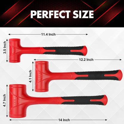 3-Piece Dead Blow Hammer Set - 16 oz, 27 oz, 45 oz - Red & Black, Shockproof, No-Rebound, Unibody Molded Grip, Spark & Rebound Resistant (YY-3-013)