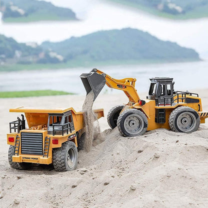 Remote Control Construction Dump Truck Toy 2.4G RC 6 Channel Bulldozer 4 Wheel Driver Mine Construction Alloy Metal Vehicle Truck 1:18 with 2 Rechargeable Batteries