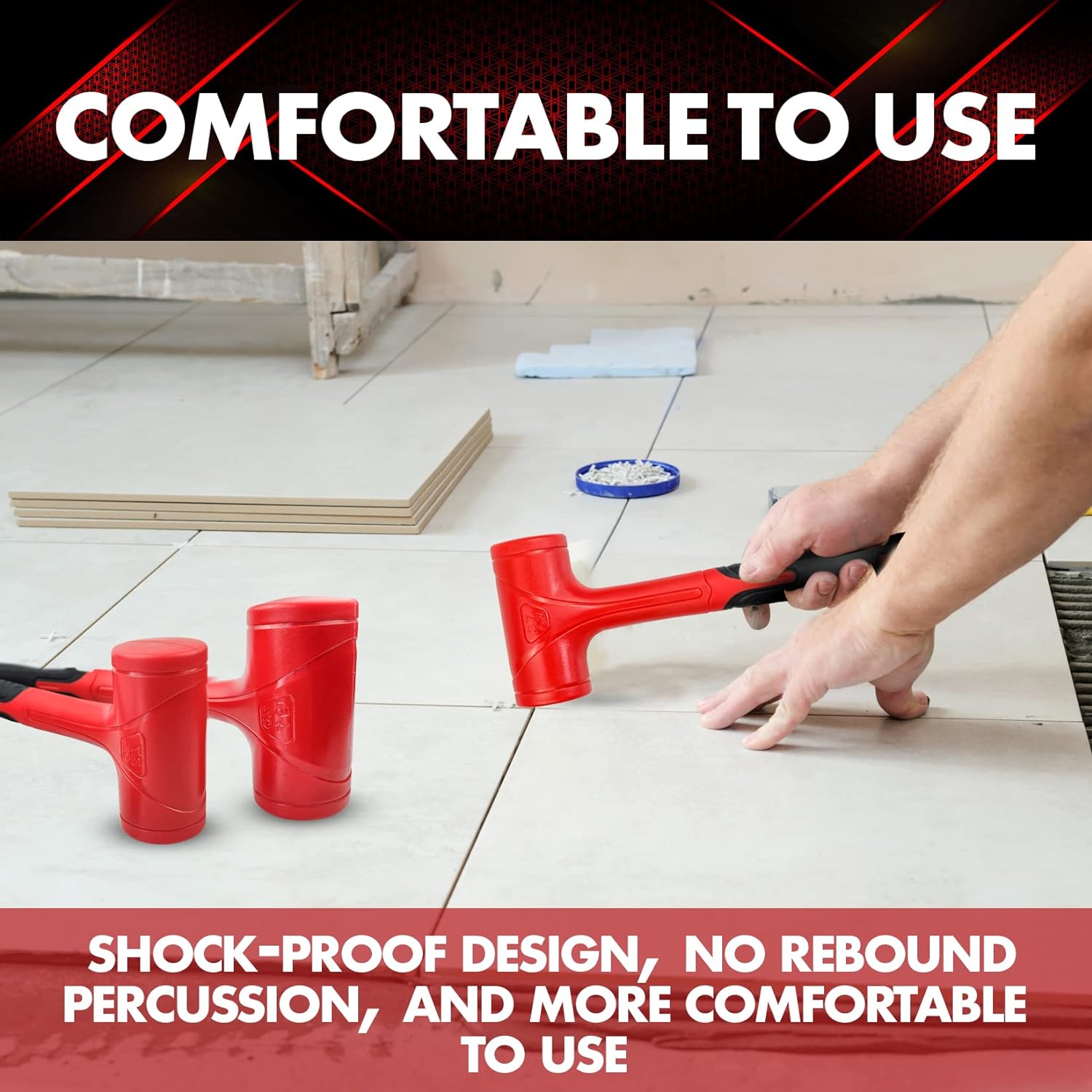 3-Piece Dead Blow Hammer Set - 16 oz, 27 oz, 45 oz - Red & Black, Shockproof, No-Rebound, Unibody Molded Grip, Spark & Rebound Resistant (YY-3-013) - Hatke