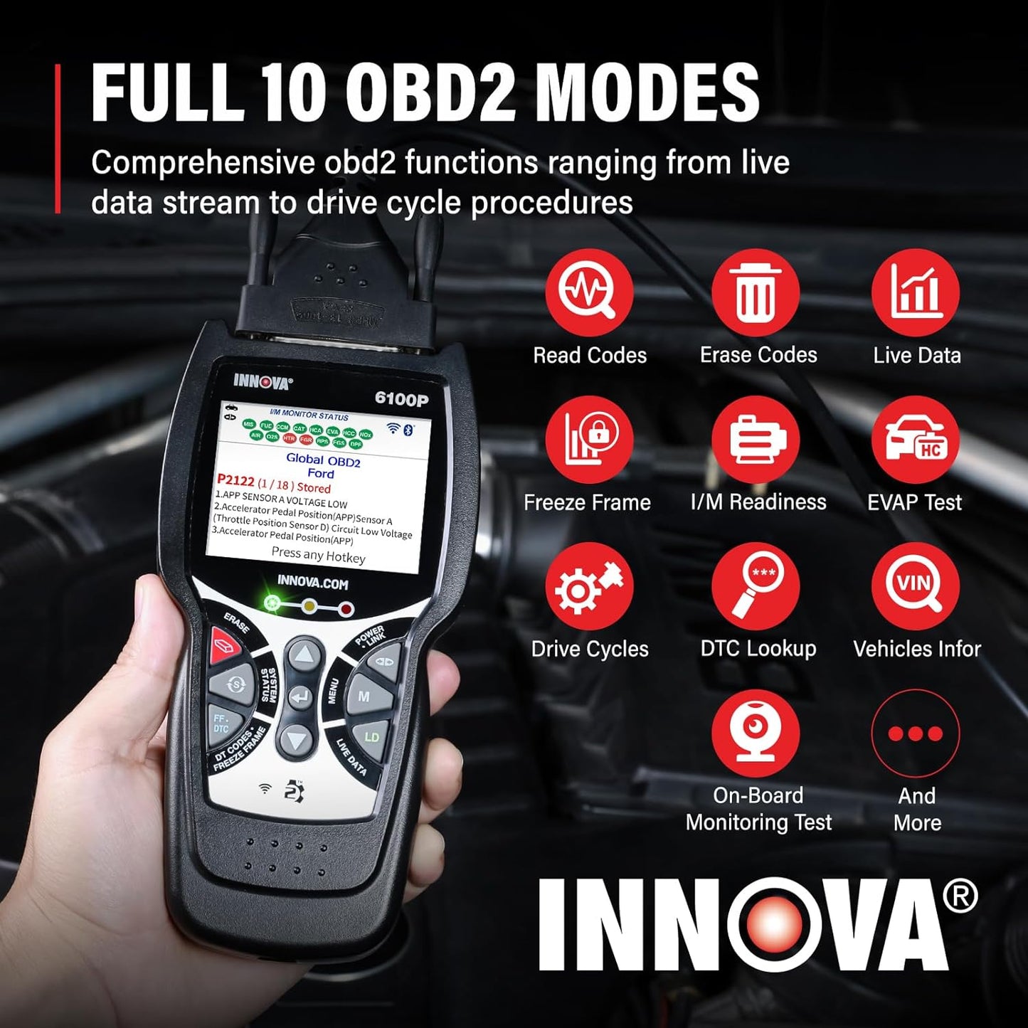 INNOVA 6100P SRS ABS OBD2 Scanner Car Code Reader Scan Tool Ignition Tester with Battery Alternator Test Oil Service Light Reset Car Health Monitor