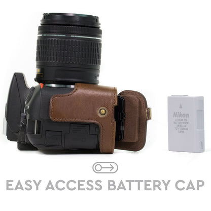 MegaGear Nikon D5600, D5500 Ever Ready Leather Camera Half Case and Strap, with Battery Access - Dark Brown - MG1171