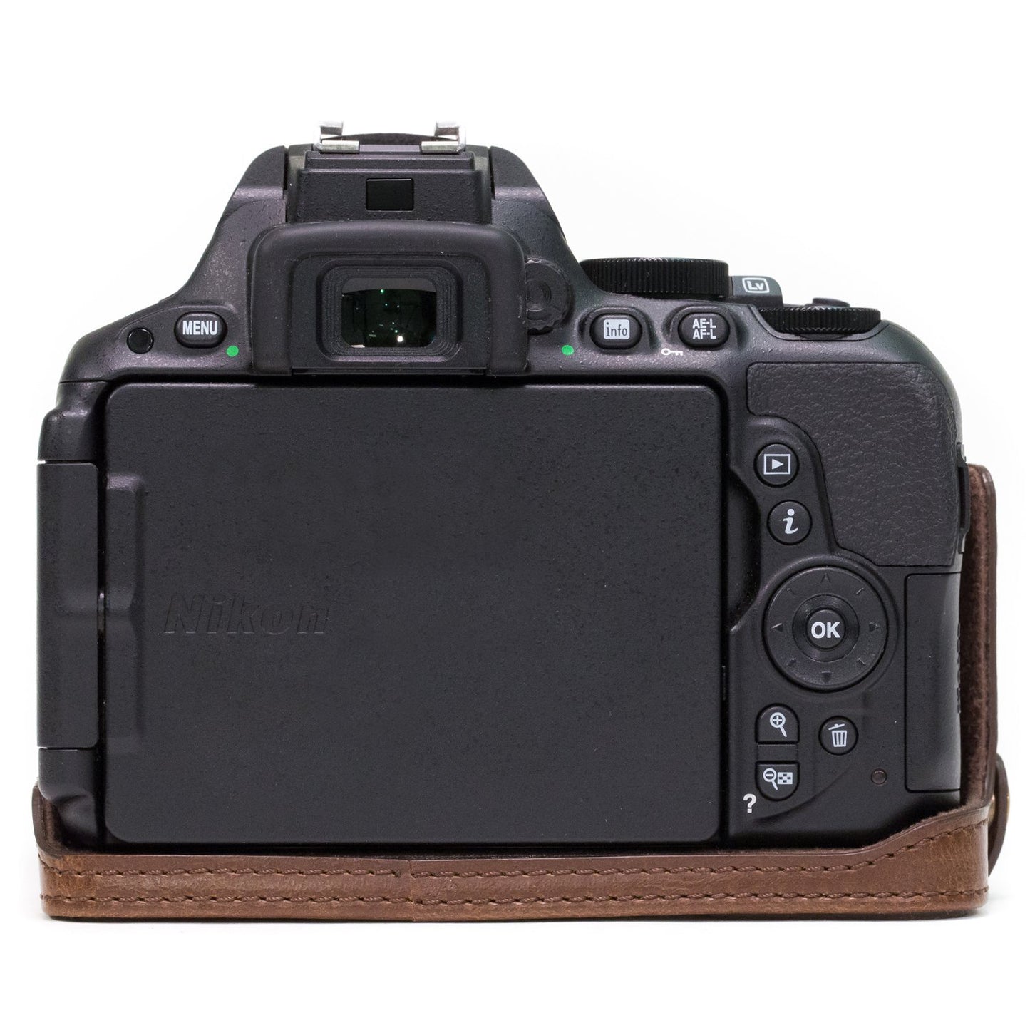 MegaGear Nikon D5600, D5500 Ever Ready Leather Camera Half Case and Strap, with Battery Access - Dark Brown - MG1171