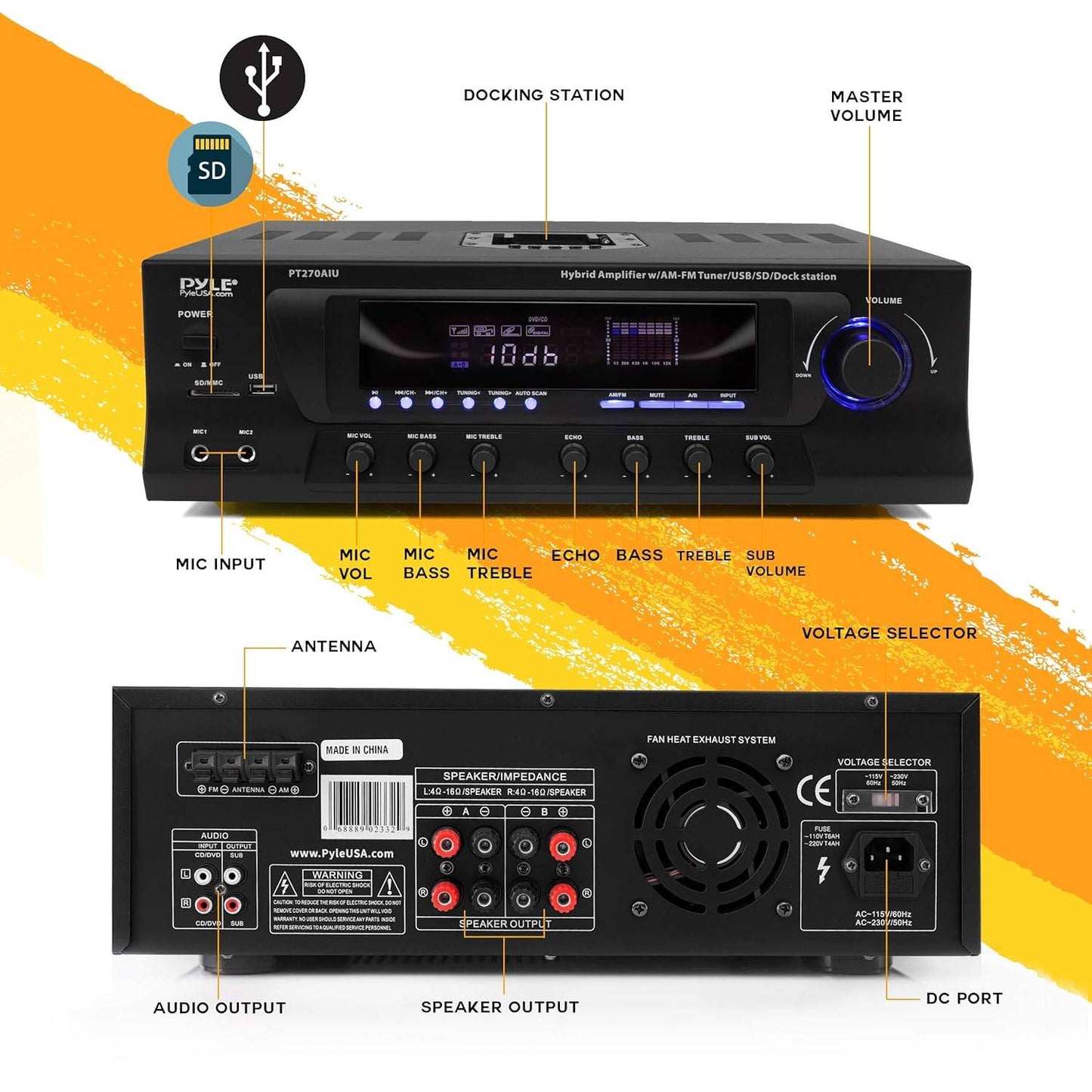 300W Digital Stereo Receiver System - AM/FM Qtz. Synthesized Tuner, USB/SD Card MP3 Player & Subwoofer Control, A/B Speaker, iPod/MP3 Input w/Karaoke, Cable & Remote Sensor - Pyle PT270AIU.5