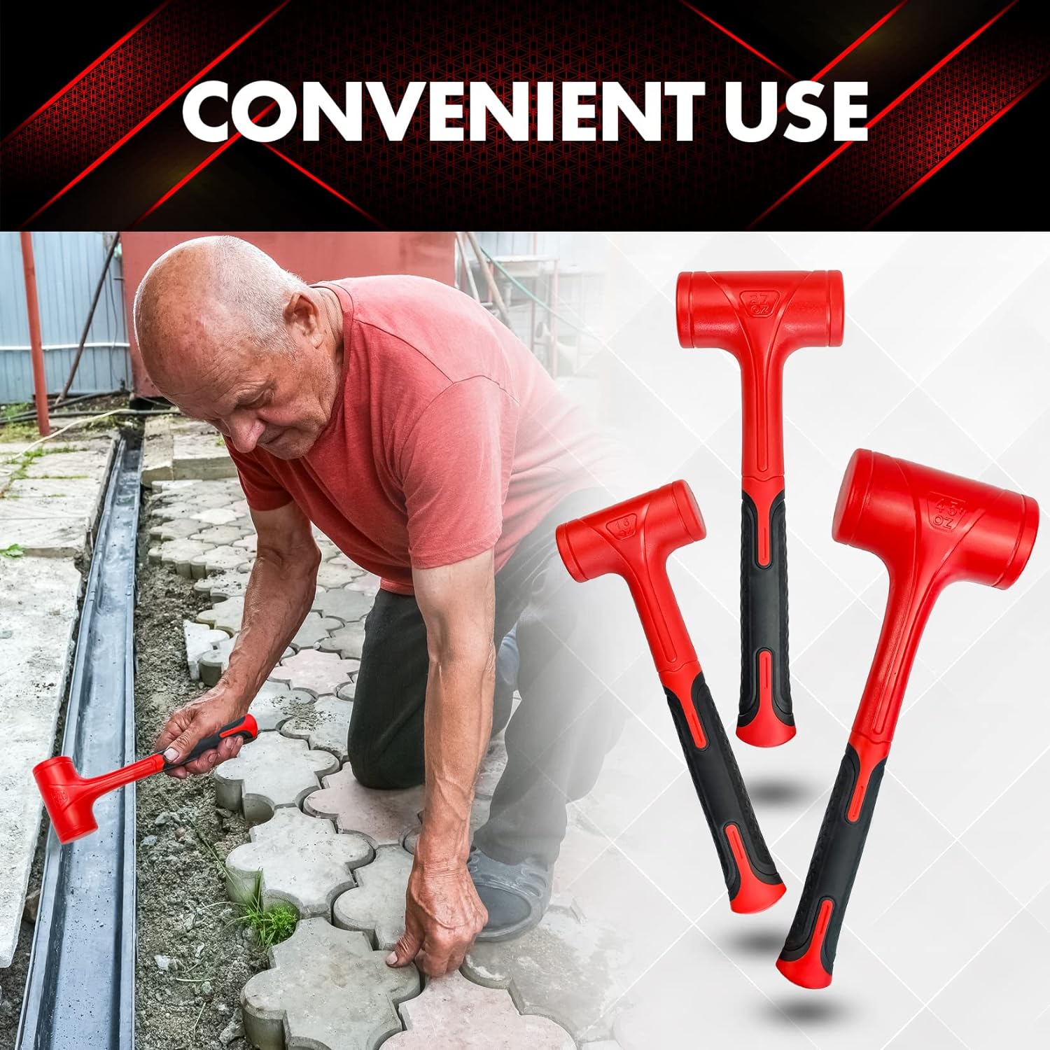 3-Piece Dead Blow Hammer Set - 16 oz, 27 oz, 45 oz - Red & Black, Shockproof, No-Rebound, Unibody Molded Grip, Spark & Rebound Resistant (YY-3-013) - Hatke