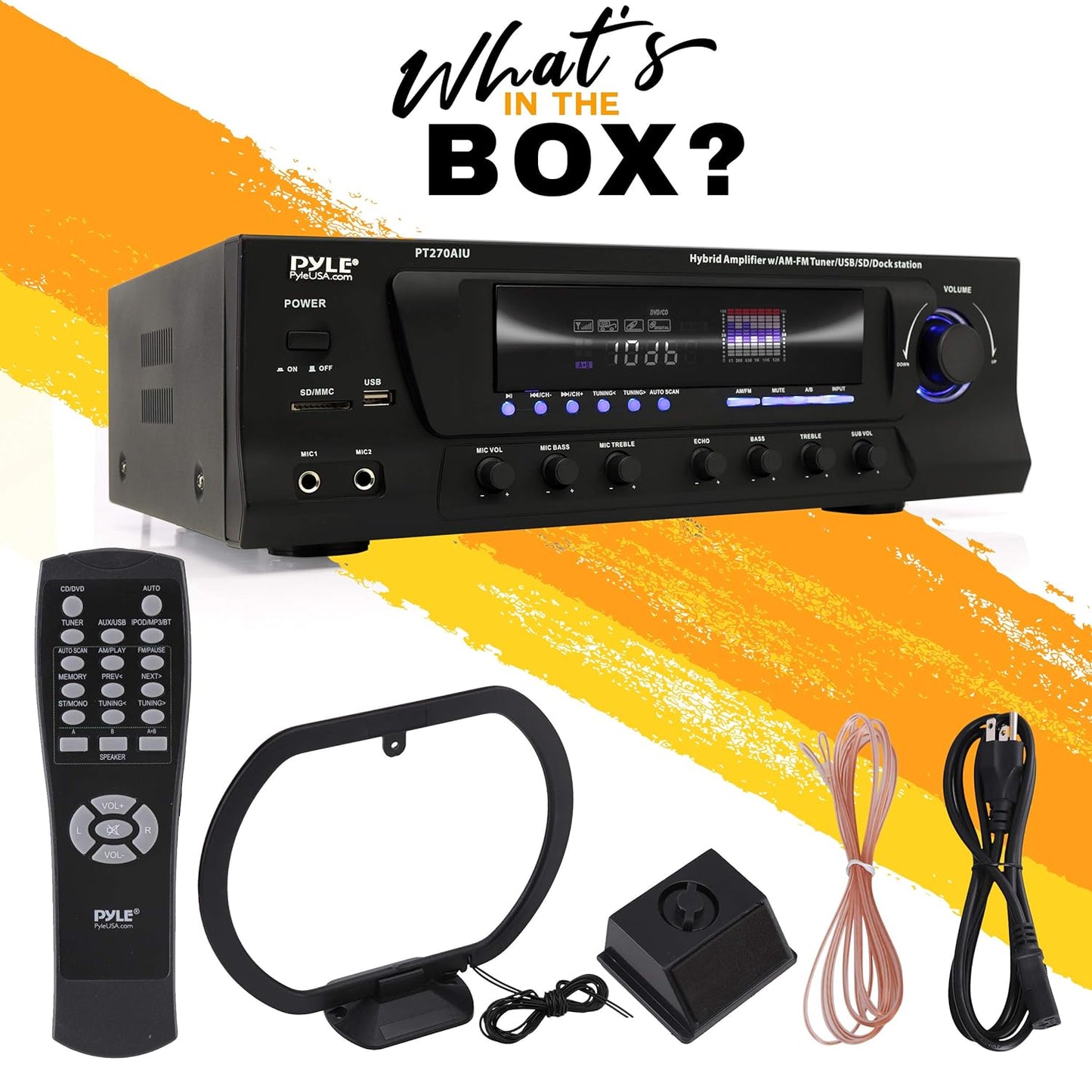 300W Digital Stereo Receiver System - AM/FM Qtz. Synthesized Tuner, USB/SD Card MP3 Player & Subwoofer Control, A/B Speaker, iPod/MP3 Input w/Karaoke, Cable & Remote Sensor - Pyle PT270AIU.5