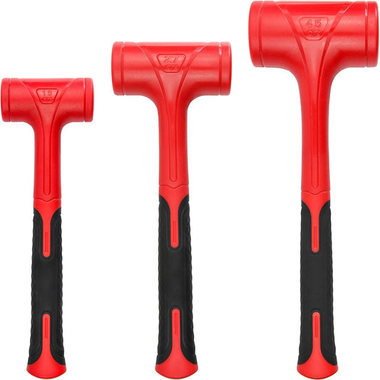 3-Piece Dead Blow Hammer Set - 16 oz, 27 oz, 45 oz - Red & Black, Shockproof, No-Rebound, Unibody Molded Grip, Spark & Rebound Resistant (YY-3-013)
