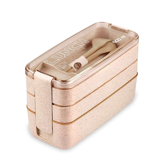 Lunch Box Bento Stackable 3-in-1 Compartment - Wheat Straw, Leakproof Eco-Friendly 900 ML