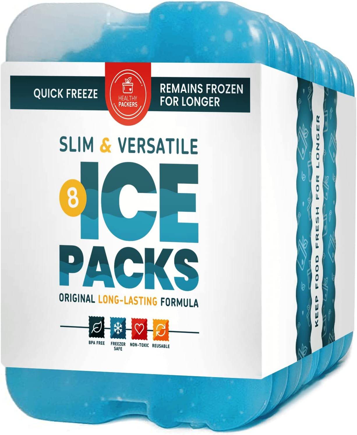 Healthy Packers Ice Packs for Lunch Bags - Original Cool Pack | Slim & Long-Lasting Reusable Ice Pack for Lunch Box, Lunch Bag and Cooler | Freezer Packs for Coolers (Set of 8) - Hatke