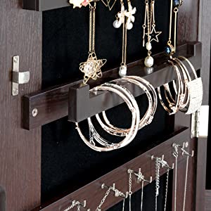 Full-Length HD Silver Glass Makeup Mirror + Jewelry Cabinet Lockable With 8 Auto-On LED Lights Wall Mounted / Over The Door - Brown - Hatke