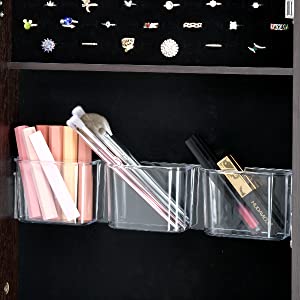 Full-Length HD Silver Glass Makeup Mirror + Jewelry Cabinet Lockable With 8 Auto-On LED Lights Wall Mounted / Over The Door - Brown - Hatke