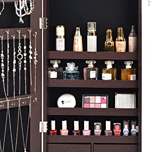Full-Length HD Silver Glass Makeup Mirror + Jewelry Cabinet Lockable With 8 Auto-On LED Lights Wall Mounted / Over The Door - Brown
