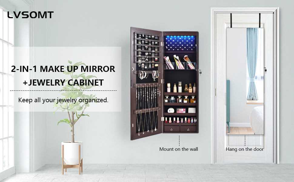 Full-Length HD Silver Glass Makeup Mirror + Jewelry Cabinet Lockable With 8 Auto-On LED Lights Wall Mounted / Over The Door - Brown - Hatke