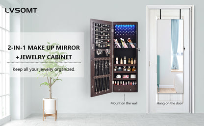 Full-Length HD Silver Glass Makeup Mirror + Jewelry Cabinet Lockable With 8 Auto-On LED Lights Wall Mounted / Over The Door - Brown - Hatke