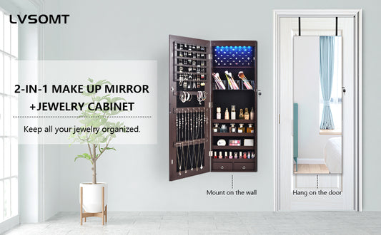 Full-Length HD Silver Glass Makeup Mirror + Jewelry Cabinet Lockable With 8 Auto-On LED Lights Wall Mounted / Over The Door - Brown - Hatke