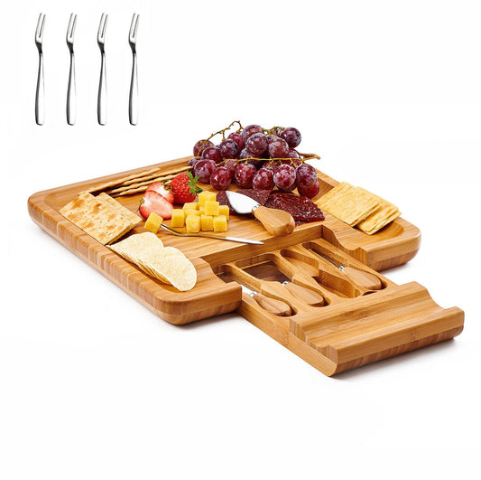 Utoplike Cheese Board with Knife Set, Bamboo Charcuterie Platter Serving Tray, Large(13 x 13 x 1.4) with 4 Stainless Steel Knife Folks in Drawer, Perfect for Birthday, Housewarming & Wedding