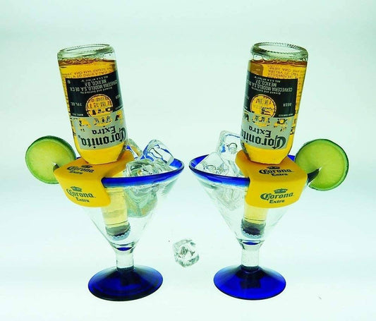 Mexican Glass Margarita Blue Rim 15 Oz with Coronarita Clips Corona Beer Holders (Set of 2)