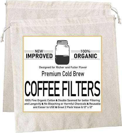 2 Pack of Cold Brew Bags, Organic Cotton Cold Brew Coffee Bags, Reusable Coffee Filters for Pitchers, Mason Jars & Toddy Systems - Hatke