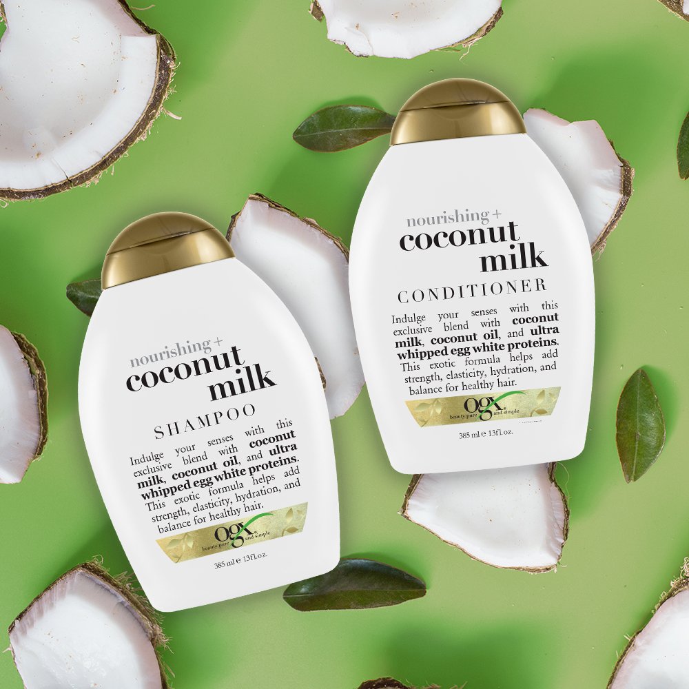 OGX Nourishing Coconut Milk Moisturizing Shampoo + Conditioner for Strong & Healthy Hair, with Coconut Milk, Coconut Oil & Egg White Protein, Paraben-Free, Sulfate-Free 385*2 ML