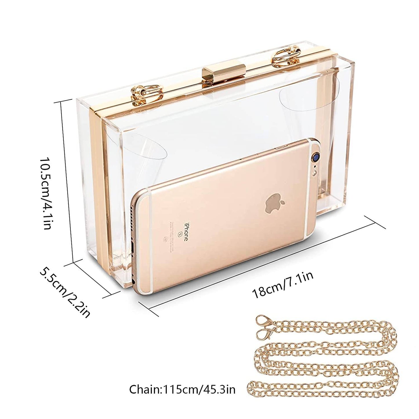 WJCD Women Clear Purse Acrylic Clear Clutch Bag, Shoulder Handbag With Removable Gold Chain Strap