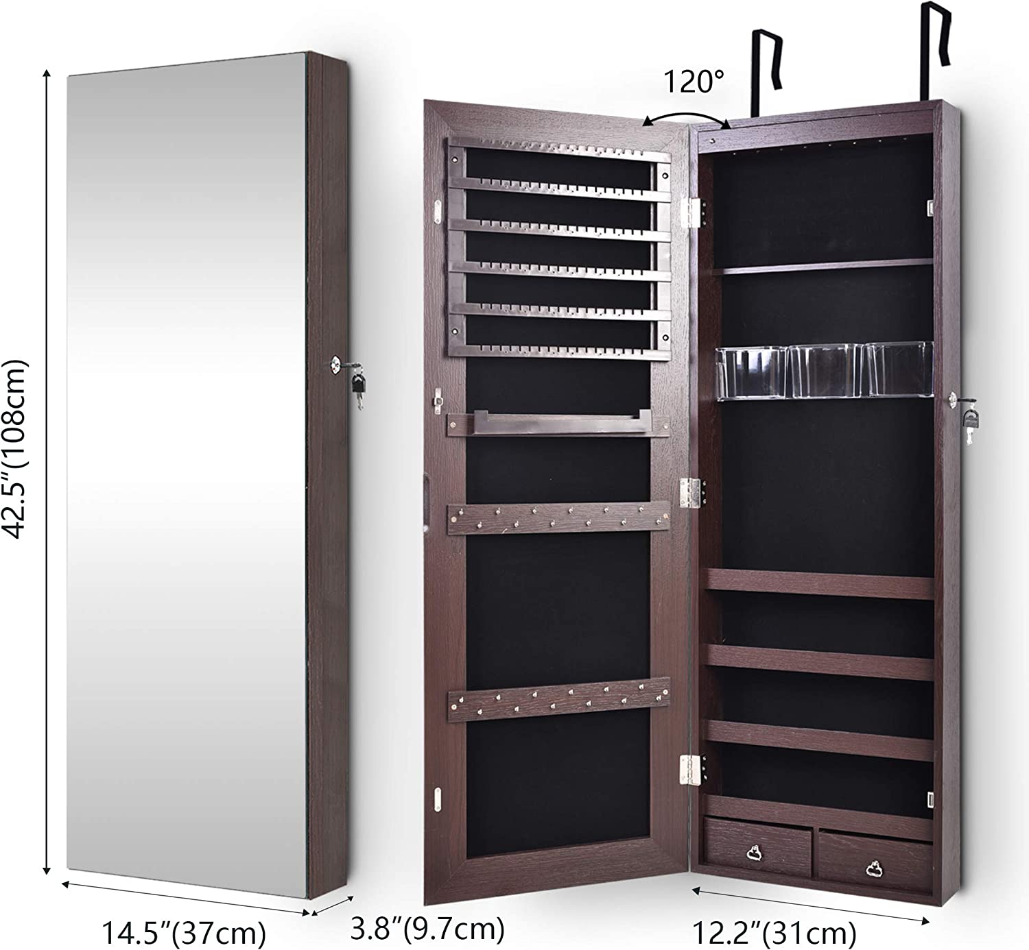 Full-Length HD Silver Glass Makeup Mirror + Jewelry Cabinet Lockable With 8 Auto-On LED Lights Wall Mounted / Over The Door - Brown - Hatke