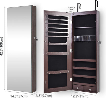 Full-Length HD Silver Glass Makeup Mirror + Jewelry Cabinet Lockable With 8 Auto-On LED Lights Wall Mounted / Over The Door - Brown - Hatke