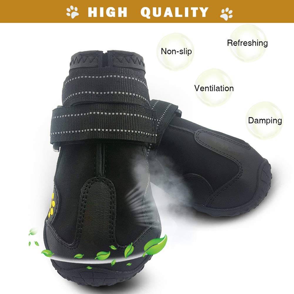 PK.ZTopia Waterproof Dog Boots, Dog Outdoor Shoes, Dog Rain Boots, Running Shoes for Medium to Large Dogs with Two Reflective Fastening Straps and Rugged Anti-Slip Sole (2.95" x 2.52",Black 4PCS)