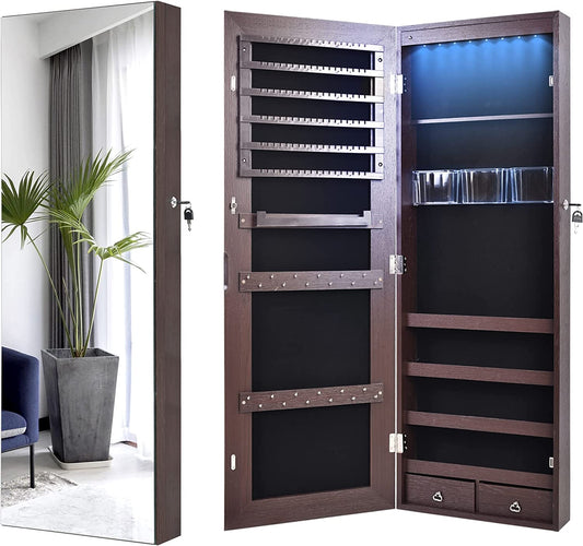 Full-Length HD Silver Glass Makeup Mirror + Jewelry Cabinet Lockable With 8 Auto-On LED Lights Wall Mounted / Over The Door - Brown - Hatke