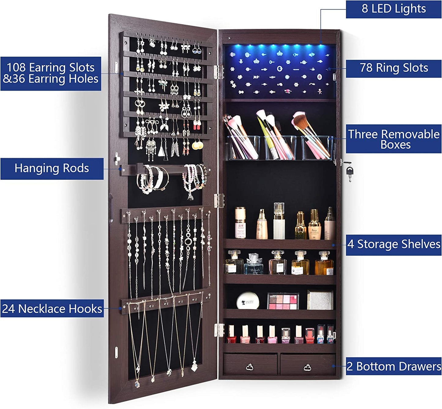 Full-Length HD Silver Glass Makeup Mirror + Jewelry Cabinet Lockable With 8 Auto-On LED Lights Wall Mounted / Over The Door - Brown - Hatke