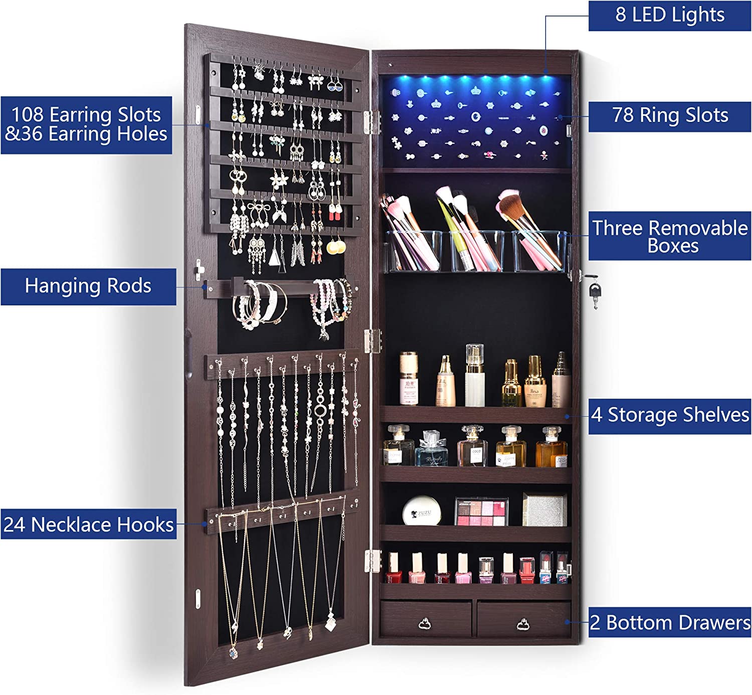Full-Length HD Silver Glass Makeup Mirror + Jewelry Cabinet Lockable With 8 Auto-On LED Lights Wall Mounted / Over The Door - Brown - Hatke